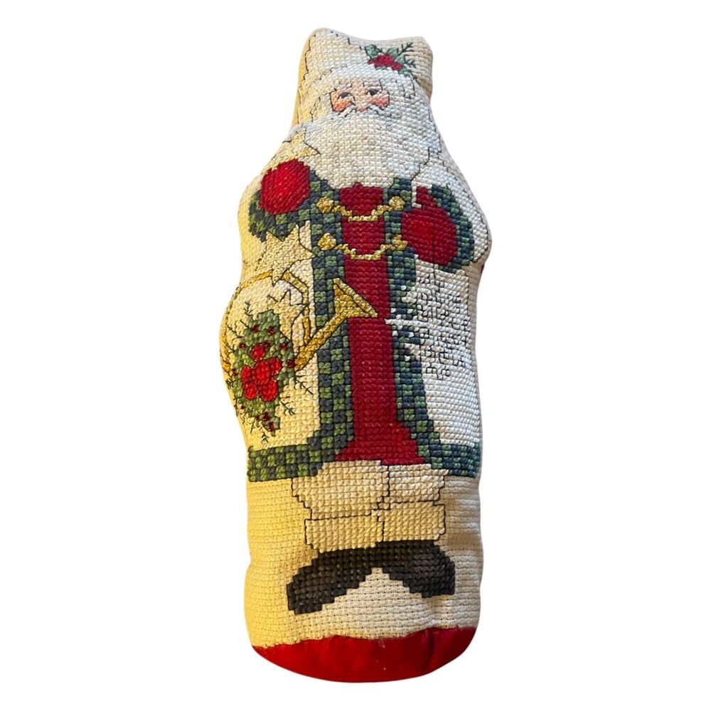 Vintage Needlepoint Christmas Holiday Santa Claus Stand up Pillow/Doorstop